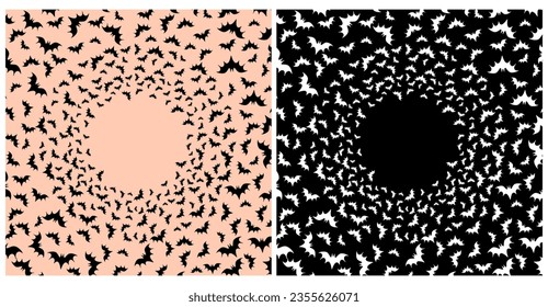 Fondo vectorial de la fiesta de Halloween con bats voladores. Marco redondo hecho de murciélagos aislados en un fondo rosado y negro de coral. Diseño de Halloween con espacio de copia ideal para colores de tarjeta, pancarta, volante.RGB.