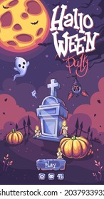 Halloween Party vector background with pumpkin, headstone, ghost, moon, candle, bat, tree 
