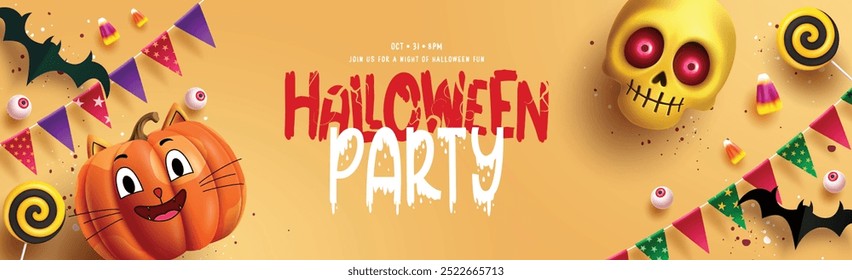 Projeto de banner de vetor de festa de Halloween. Cartão de convite de Halloween com gato bonitinho personagem de abóbora, crânio e elementos de decoração coloridos em fundo amarelo. Banner do cartão de saudação de ilustração vetorial. 