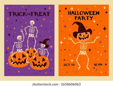 Halloween Party vector banner template. A cheerful skeleton in a witch hat waves against a spooky orange and purple gradient background. Horizontal design for events or web headers.