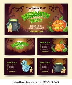 Halloween party vector banners and invitation template of pumpkin lantern and spooky ghost in dark forest. Cartoon design of witch cauldron, skull and candles for October Halloween holiday party cards