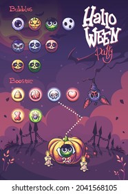 Halloween-Party-Vektorblasen und -Verstärker mit Kürbis, Kerze, Fledermaus, Friedhofzaun