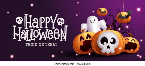 Halloween party vector design. Happy halloween greeting text with ghost, skull and pumpkin elements in cute faces for fun and spooky night celebration. Vector illustration.
