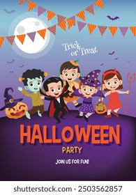 Halloween party vector design template with cute kids 
halloween costume