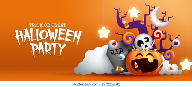 Halloween party vector design. Halloween typography greeting text in grave yard with candies and skull in pumpkin basket element for fun night celebration. Vector illustration.
