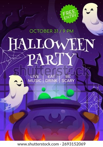 Halloween party vector flyer with large cauldron bubbling green potion surrounded by smiling ghosts. Cobwebs and eerie bare trees under starry sky. Halloween party invitation flyer with funny ghosts