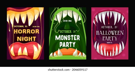 Halloween party vector flyers with monster mouths. Cartoon invitation posters with open toothy jaws with sharp teeth, dripping saliva and tongues. Happy Halloween horror night event invite cards set