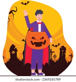 Halloween party vector illustration. Cartoon happy boy in costume of vampire with pumpkin on graveyard background.