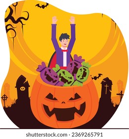 Halloween party vector illustration. Cartoon happy man in halloween costume with pumpkins.