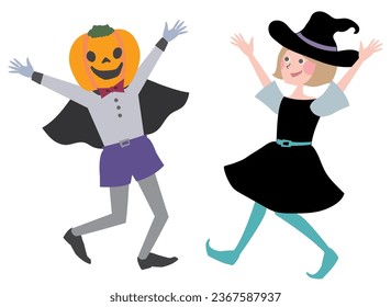Halloween party vector illustration element of a happy girl in witch costume and a pumpkin monster. Cute and fun background material for design