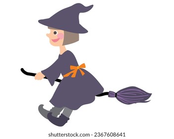 Halloween party vector illustration element of a happy toddler girl in purple witch costume with a magic broom. Cute and fun background material for design