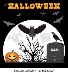 Halloween Party Vector illustration Full moon, bat, tree, owl, raven, candle, grave, ghosts, Jack O'Lantern. Inscription Halloween. Festive background. Design for party card, print