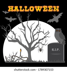 Halloween Party Vector illustration Full moon, bat, tree, owl, grave, snake, spider. Inscription Halloween. Festive background. Design for party card, print