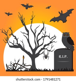 Halloween Party Vector illustration Full moon, tree, bat, owl, grave, snake, spider. Festive background. Design for party card, print