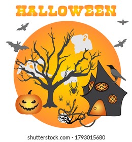 Halloween Party Vector illustration Full moon, bat, tree, creepy house, Jack O'Lantern, ghosts, raven, snake, skull, spiders. Inscription Halloween. Festive background. Design for party card, print