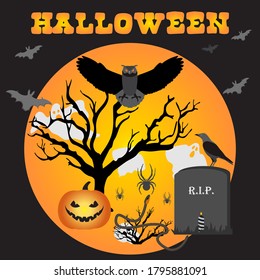 Halloween Party Vector illustration Full moon, bat, tree, owl, grave, candle, raven, skull, snake, spiders, Jack O'Lantern, ghosts Inscription Halloween Festive background Design for party card, print