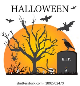 Halloween Party Vector illustration Full moon, bat, tree, raven, candle, grave, spider, mushrooms, snake, skull. Inscription Halloween. Festive background. Design for party card, print