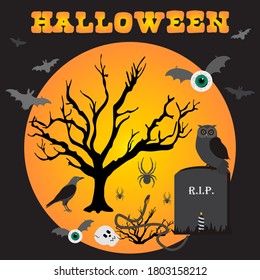 Halloween Party Vector illustration Full moon, bat, tree, owl, grave, candle, raven, skull, snake, spiders, eyes with bat wings. Inscription Halloween. Festive background. Design for party card, print