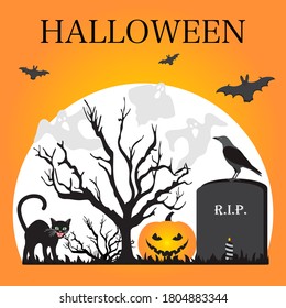 Ilustración de Halloween Party Vector Luna llena, murciélago, árbol, gato, tumba, vela, cuervo, Jack O'Lantern, fantasmas, hongos. Inscripción de Halloween. Fondo festivo. Diseño para tarjeta de fiesta, impresión