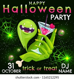  Halloween Party vector illustration with ghost, zombie, cocktail. Text Happy Halloween and Trick or treat on black background.  Can use for party invitation, greeting card, banner, web.