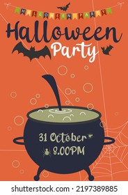 Halloween party. Vector illustration. Happy Halloween holiday. Poster or banner and web banner with witch cauldron, pot, ghost, bat, spider web scary potion on yellow background for school 