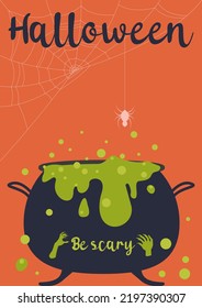 Halloween party. Vector illustration. Happy Halloween holiday. Poster or banner and web banner with witch cauldron, pot, ghost, bat, spider web scary potion on yellow background for school 