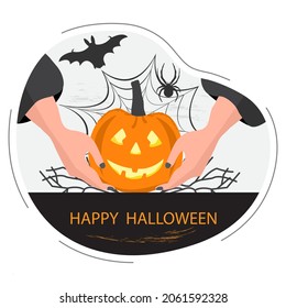 Halloween party. Vector illustration inscription Happy Halloween, spider web, bat, spider. Jack O'Lantern. Hands of woman in witch costume holding pumpkin. Celebrating. Festive background