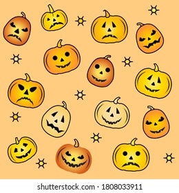 Halloween Party Vector illustration Jack O'Lantern. Cute spooky orange pumpkin with smile. Happy Halloween holiday cartoon character set. Trick or treat festive background Design for party card, print