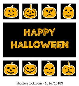 Halloween Party Vector illustration Jack O'Lantern. Cute spooky orange pumpkin with smile. Happy Halloween holiday cartoon character set. Trick or treat festive background Design for party card, print