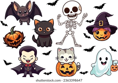 Halloween Party Vector Illustration for Kids: Cute Funny Set Collection of Vampire, Dracula, Skeleton, Skull, Cat, Pumpkin, Witch Hat, Bat Silhouette
