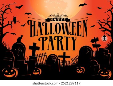 Halloween party vector illustration. Poster (flyer) template design (text space) 