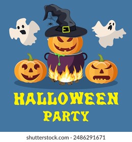 Halloween party. Vector illustration with pumpkin witches hat, cauldron and ghost in flat design