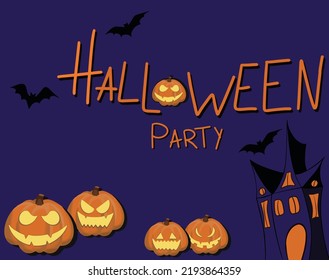 Halloween party. Vector illustration. Purple background. Party invitations, greeting gards. Spooky pumkins. Haunted house and bats flying. Flyer or invitation. Poster. Horror symbols. 