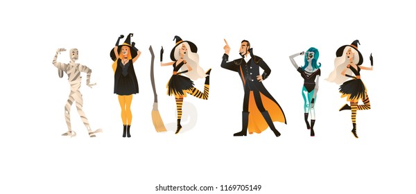 Halloween party vector illustration set with people in different carnival costumes having fun in cartoon style isolated on white background for autumn holiday congratulation or invitation.