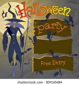 Halloween Party Vector Illustration. Witch and Sign Posts with Bats.