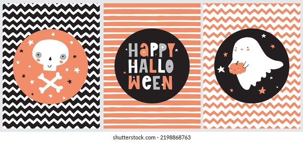 Halloween Party Vector Illustrations with Cute Ghost , Skull and Handwritten Trick or Treat in a Round Frame on a Black and Orange Geometric Background. Halloween Prints ideal for Card, Poster.