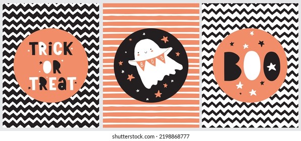 Halloween Party Vector Illustrations with Cute Ghost and Handwritten Happy Halloween and Boo in a Round Frame on a Black and Orange Geometric Background. Halloween Prints ideal for Card, Poster.