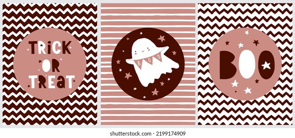 Halloween Party Vector Illustrations with Cute Ghost and Handwritten Trick or Treat and Boo in a Round Frame on a Brown and Pink Geometric Background. Halloween Prints ideal for Card,Poster,Wall Art.