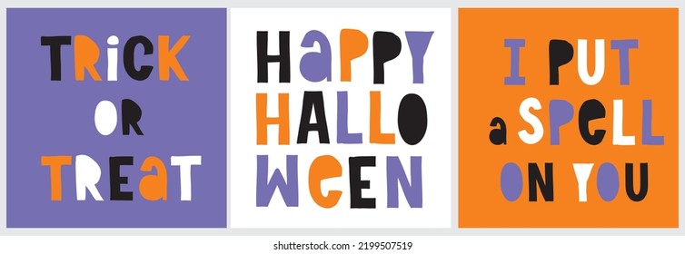 Halloween Party Vector Illustrations on a White, Violet and Orange Background. Handwritten Happy Hallowen. Trick or Treat. I Put a Spell on You. Halloween Prints ideal for Card, Poster, Wall Art.