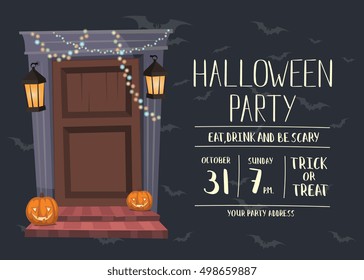 Halloween party. Vector invitation banner with date and time. Halloween night party invitation with haunted house doorway and scary pumpkin head jack lanterns illustration. Seasonal horror holiday
