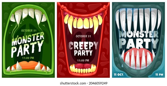 Halloween party vector invitation posters with cartoon monster mouths and teeth. Trick or treat horror smiles of vampire, zombie and alien demon frame border with spooky fangs, tongues and green slime