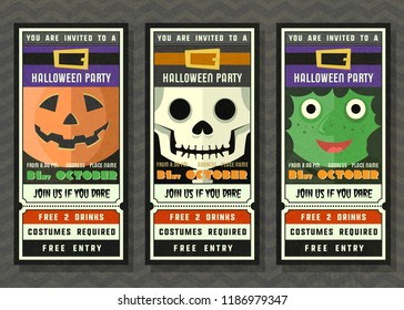 Halloween party vector invitation ticket style with cartoon character collection ,Halloween ghost cartoon  greeting card.