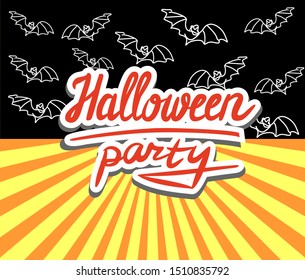 Halloween party vector lettering with bats and rays in retro style.
