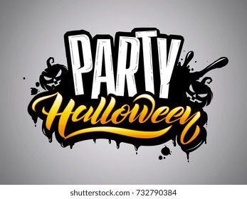  Halloween party vector lettering. Holiday calligraphy with pumpkin for banner. Halloween party poster, greeting card, party invitation. Vector illustration. 