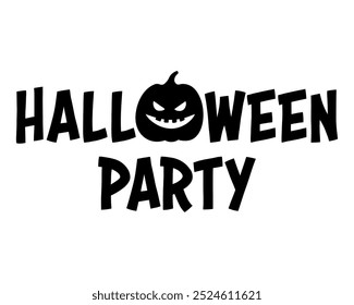 Halloween party vector lettering text with sinister laughing pumpkin silhouette illustration. Graphic monochrome banner. For Halloween party invitation, poster, decor, sticker.
