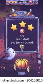 Halloween Party vector playing field level completed with ghost, pumpkin, candle, cemetery fence