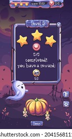 Halloween Party vector playing field level completed with ghost, pumpkin, candle, cemetery fence; star