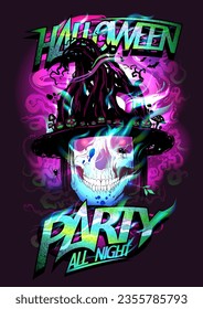 Halloween party vector poster or banner with mystic burning Witch skull