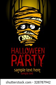 Afiche vectorial de la fiesta de Halloween con la cara de la momia y lugar para el texto, contra el telón de fondo de la luna.