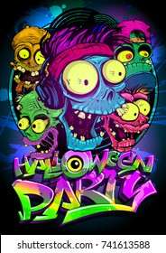 Halloween party vector poster with monster heads, vector illustration